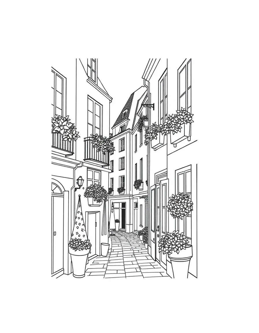 A charming street in Paris with flower boxes on every window.