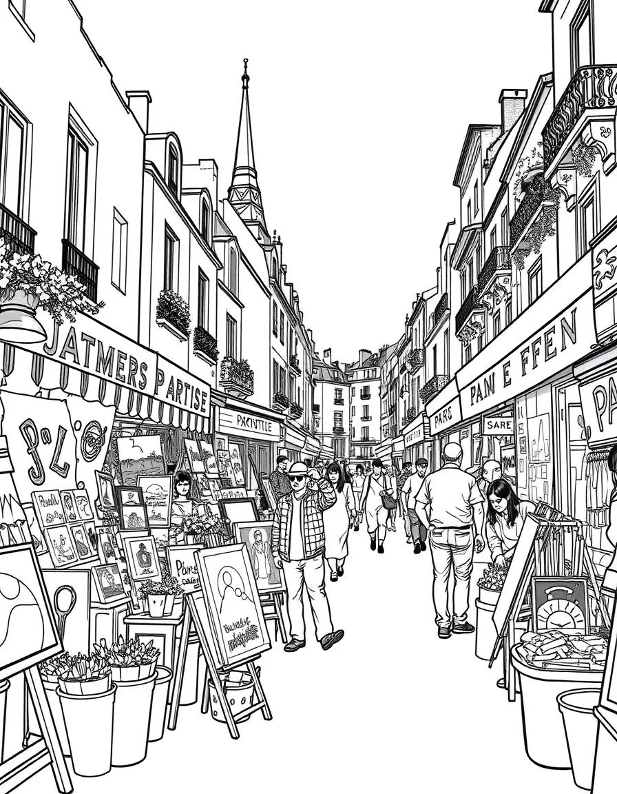 A vibrant artist's market in Montmartre, Paris.