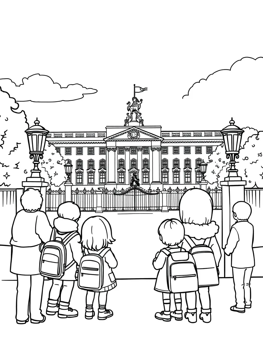 Kids visiting Buckingham Palace in London, hoping to see the Queen.