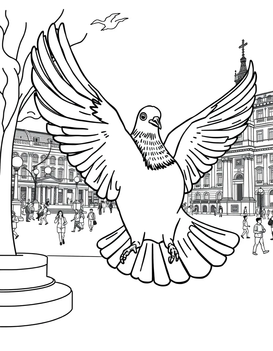 A friendly pigeon fluttering around Trafalgar Square, London.