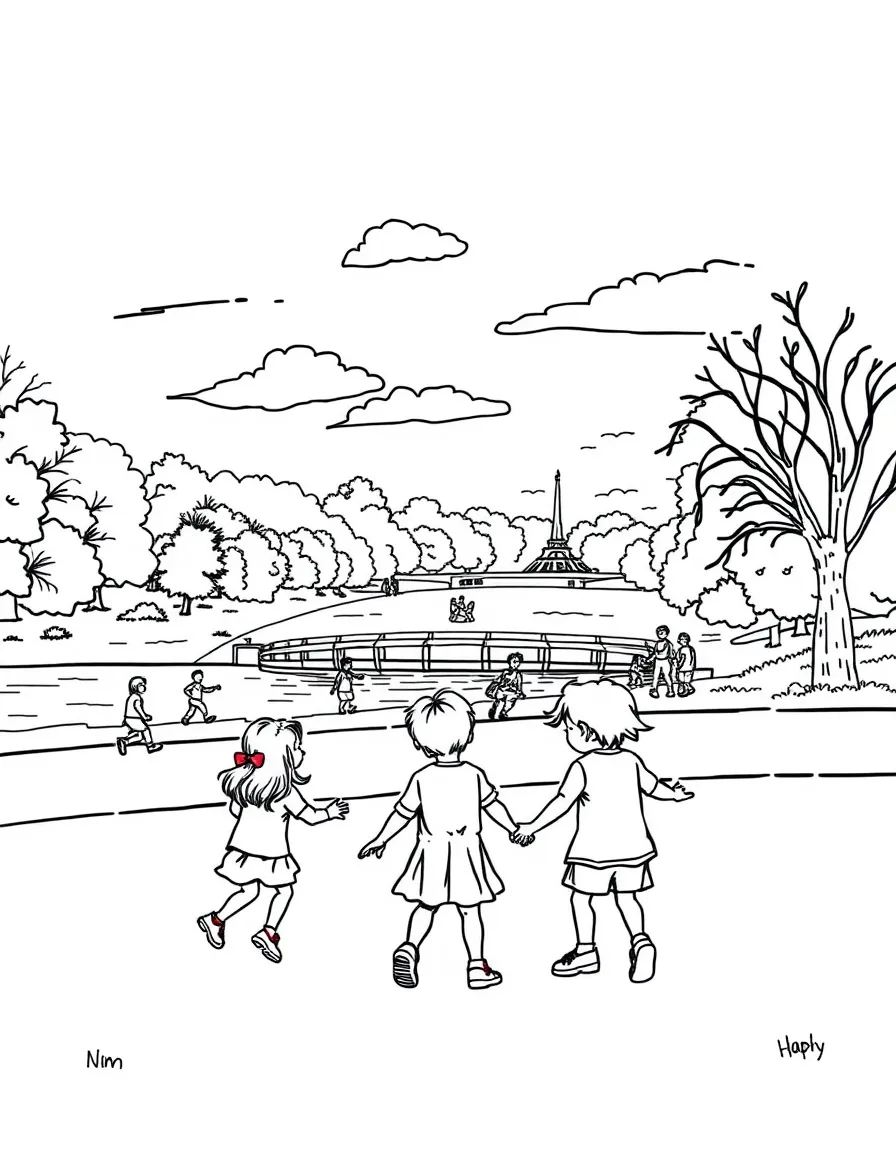 Kids playing in Hyde Park, London, with a view of the Serpentine.