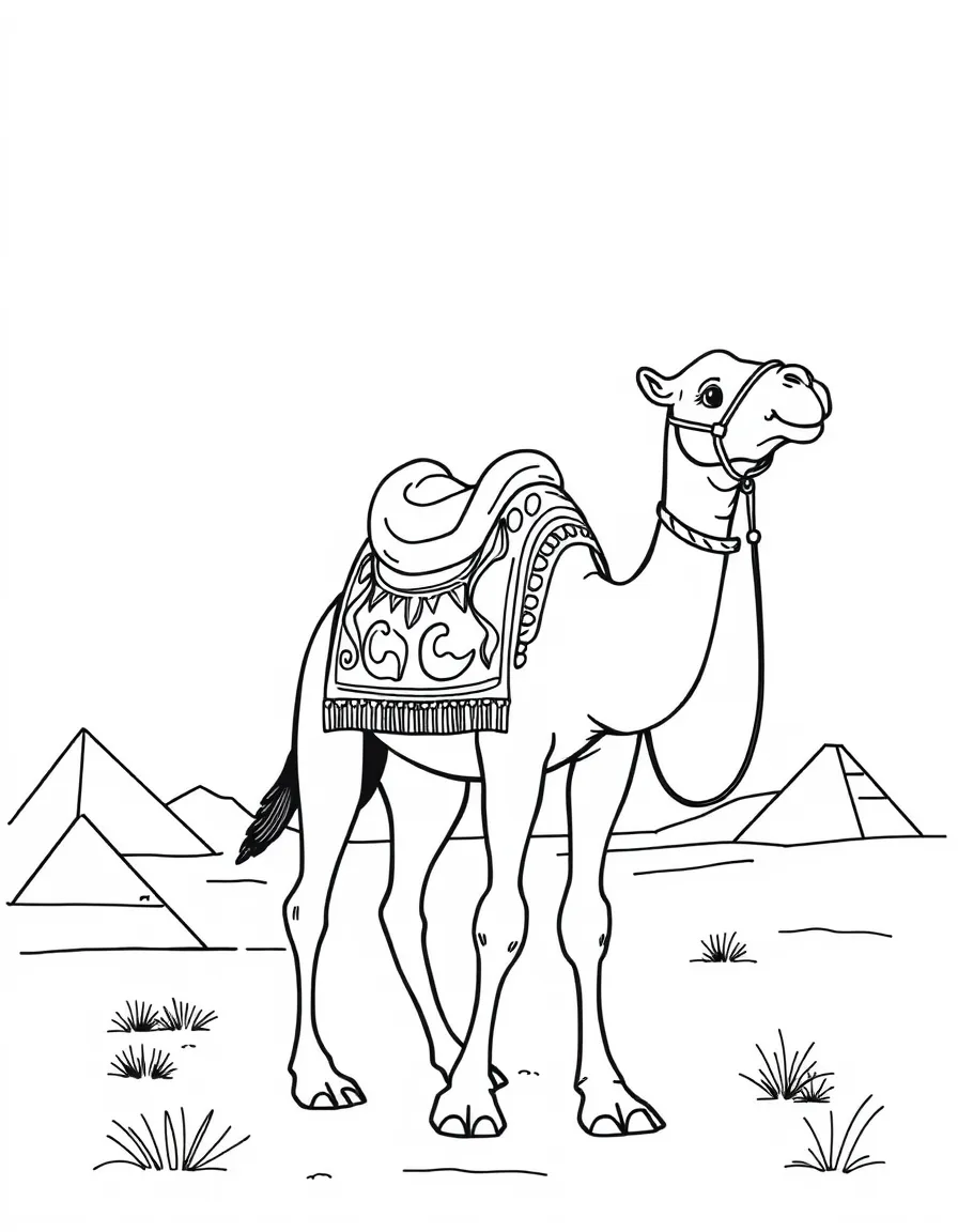 A friendly camel with a colorful saddle in the Egyptian desert.