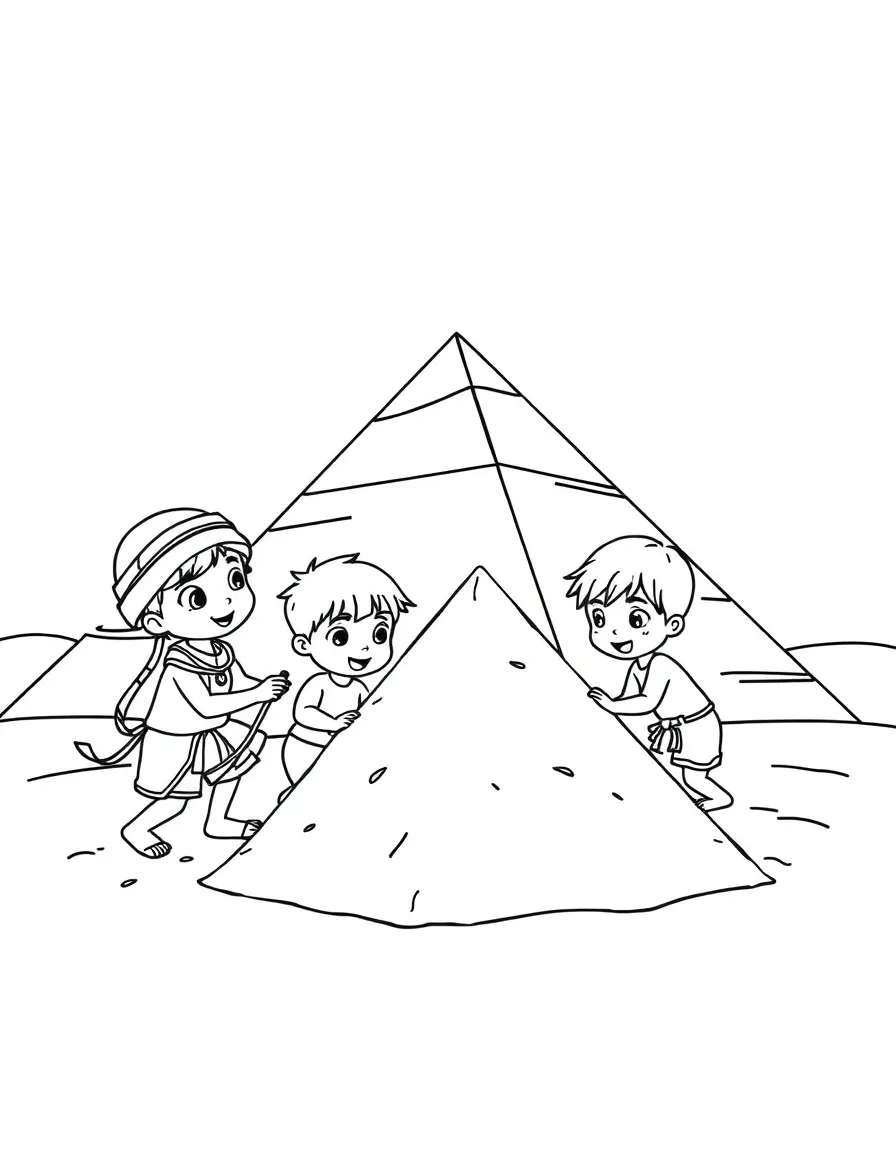 Kids building a pyramid out of sand in Egypt.