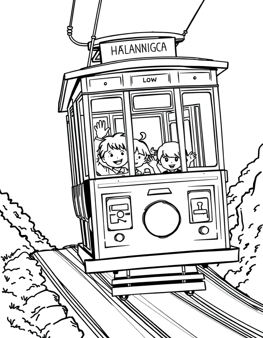 Kids riding a cable car up a steep hill in San Francisco, waving.