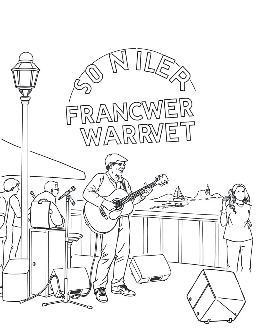 A lively street performer playing music at Fisherman's Wharf, San Francisco.