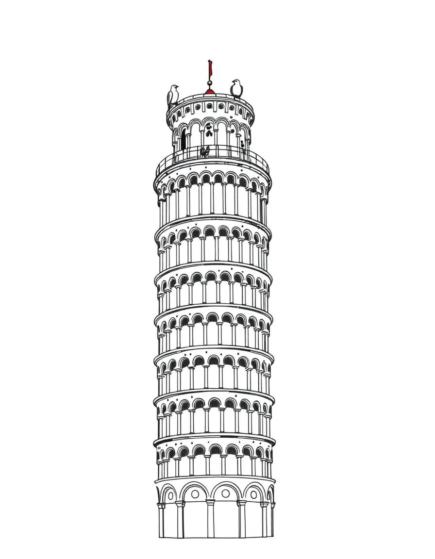 The Leaning Tower of Pisa in Italy with birds perched on top.