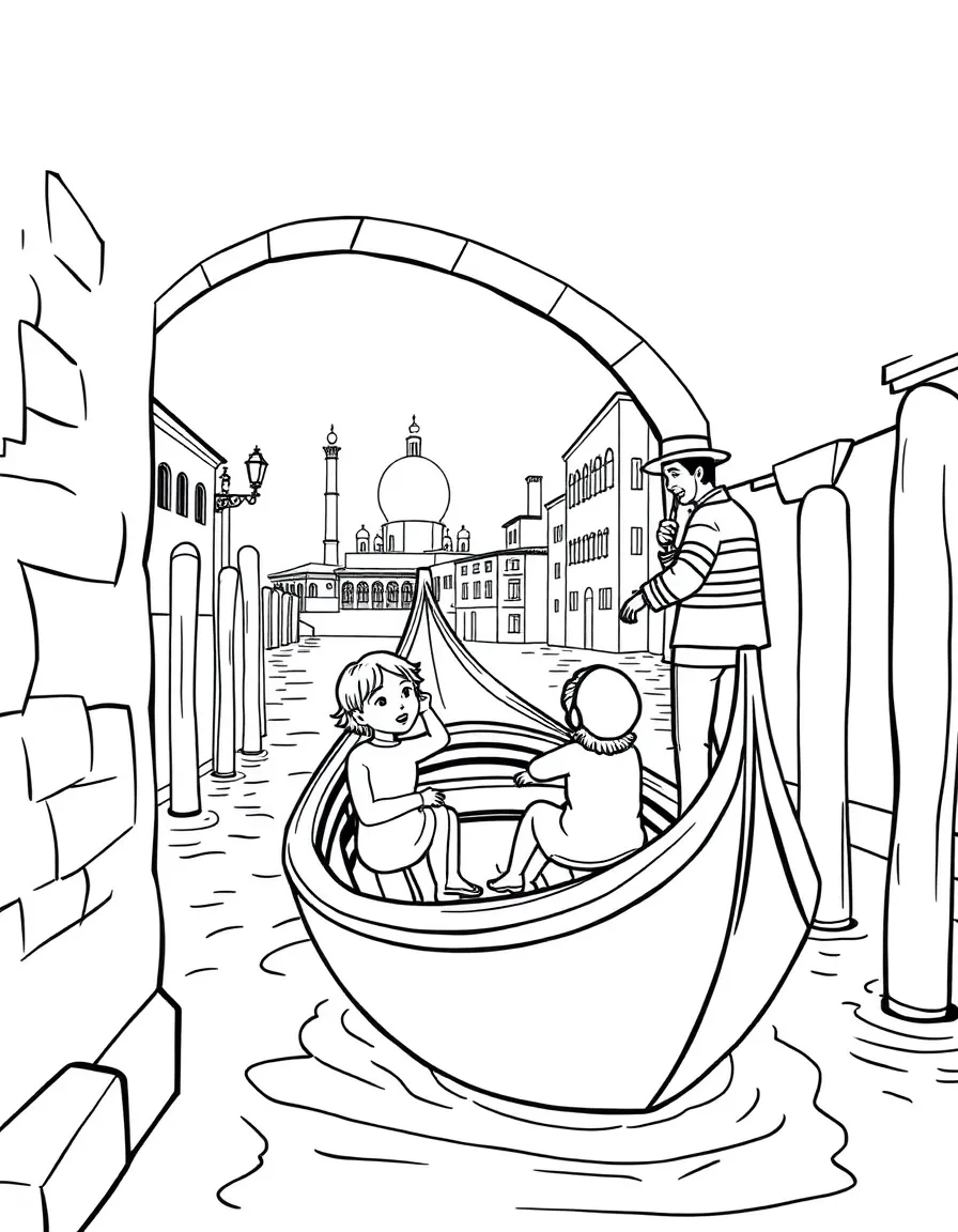 Kids enjoying a ride in a gondola in Venice, Italy, with a singing gondolier.