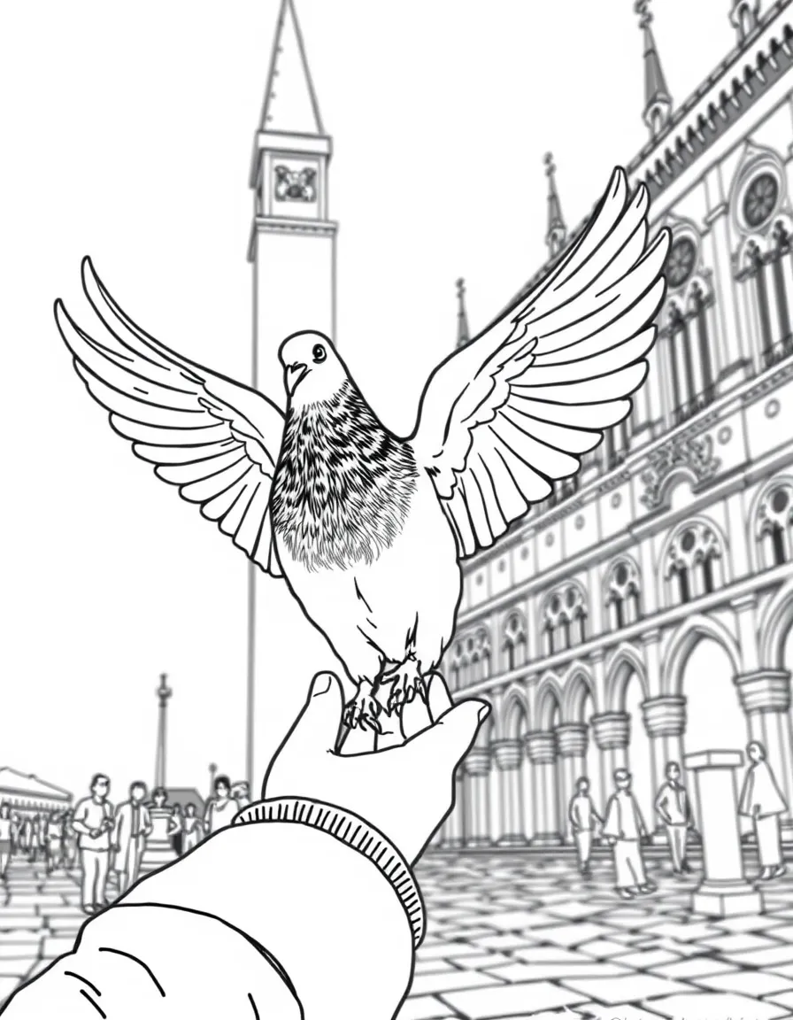 A friendly pigeon landing on a child's hand in St. Mark's Square, Venice.