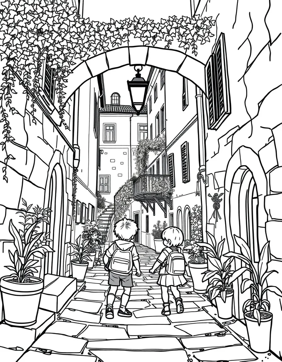 Kids exploring a hidden alleyway in an Italian town.