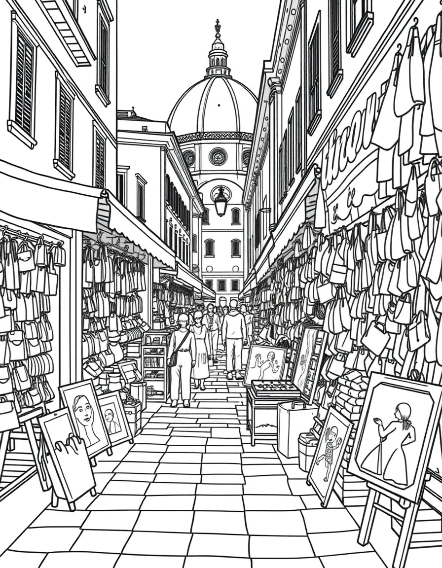 A vibrant street market in Florence with leather goods and art.