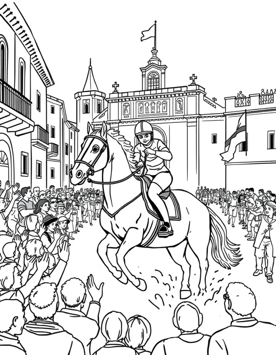 A festive Palio horse race in Siena, Italy, with cheering crowds.