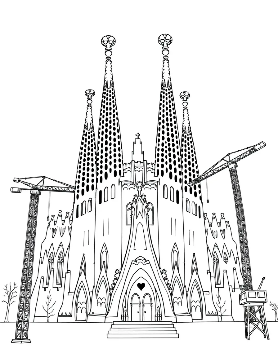 The Sagrada Familia in Barcelona, Spain, with construction cranes (friendly ones!).