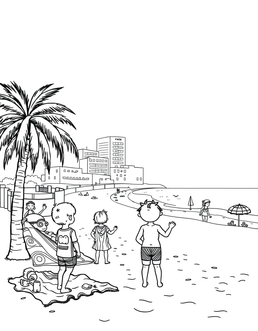 Kids playing on a sunny beach in Barcelona with colorful beach towels.