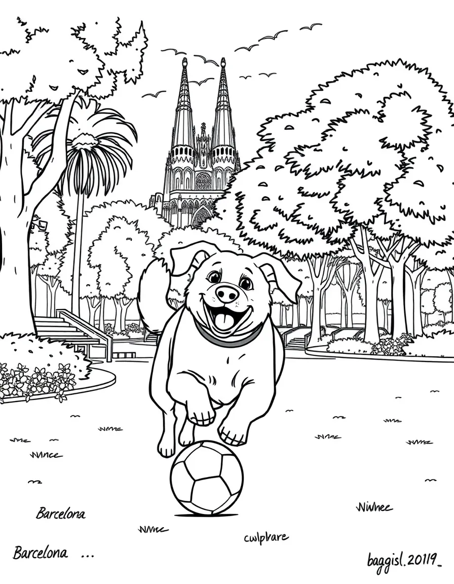 A friendly dog chasing a ball in a park in Barcelona.