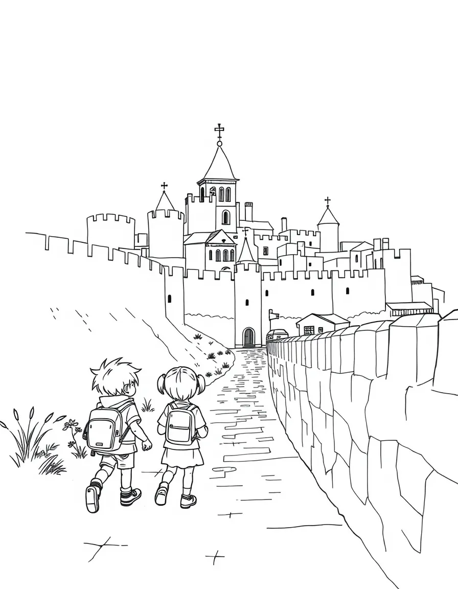 Kids exploring a medieval walled city in Spain.