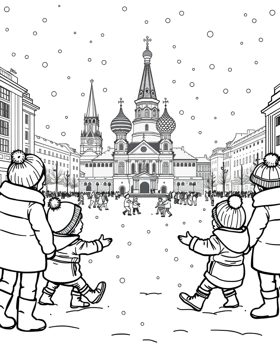 Kids playing in a snowy Red Square in Moscow, making snow angels.