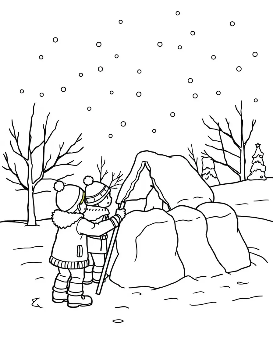 Kids building a snow fort in a Russian winter wonderland.