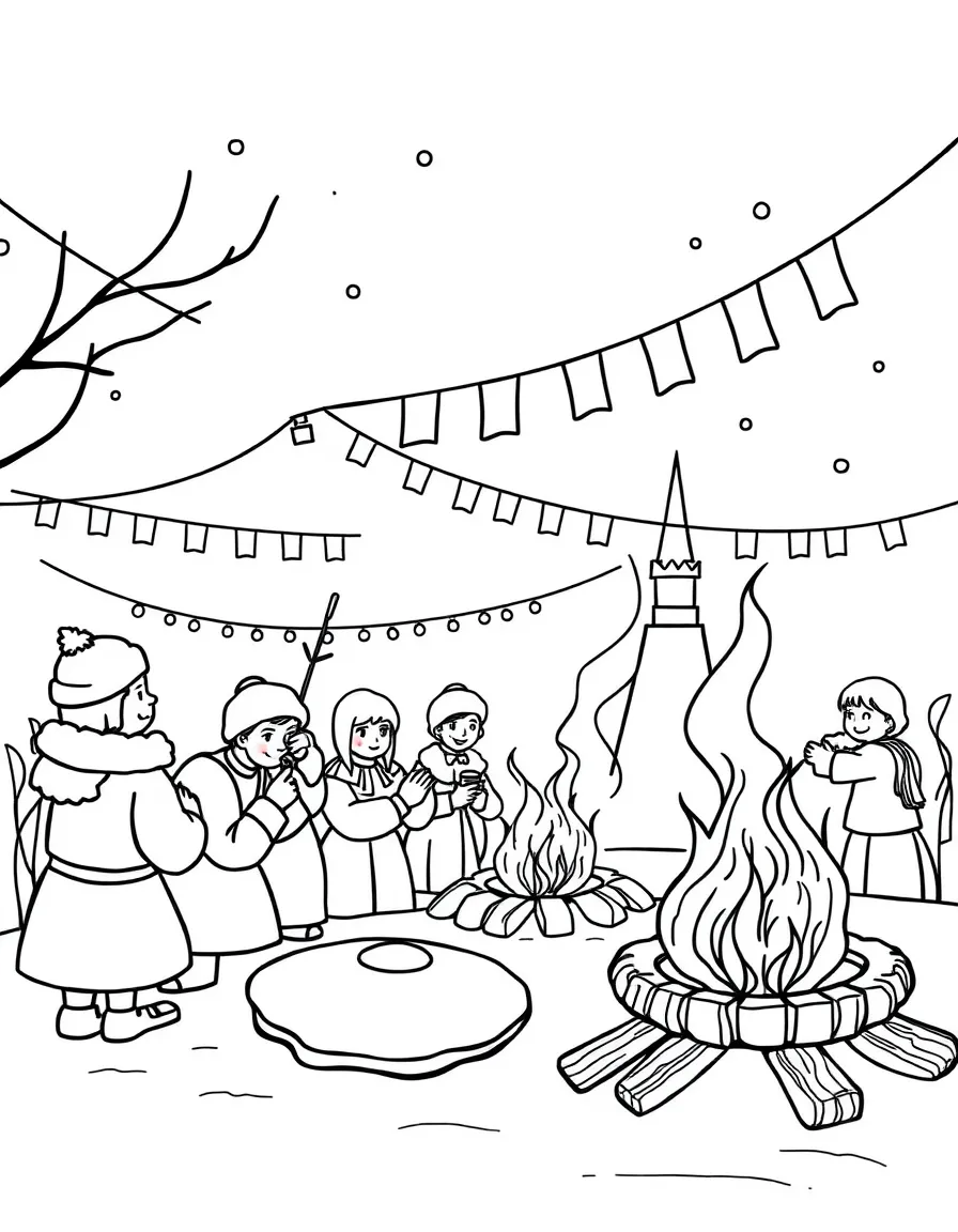 A festive Maslenitsa (Butter Week) celebration in Russia with pancakes and bonfires.