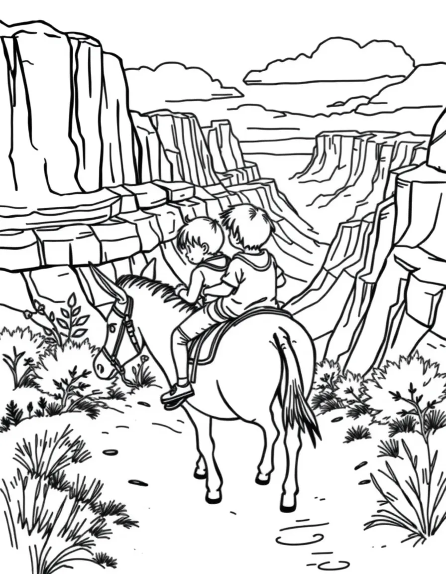 Kids riding a donkey down a trail in the Grand Canyon.