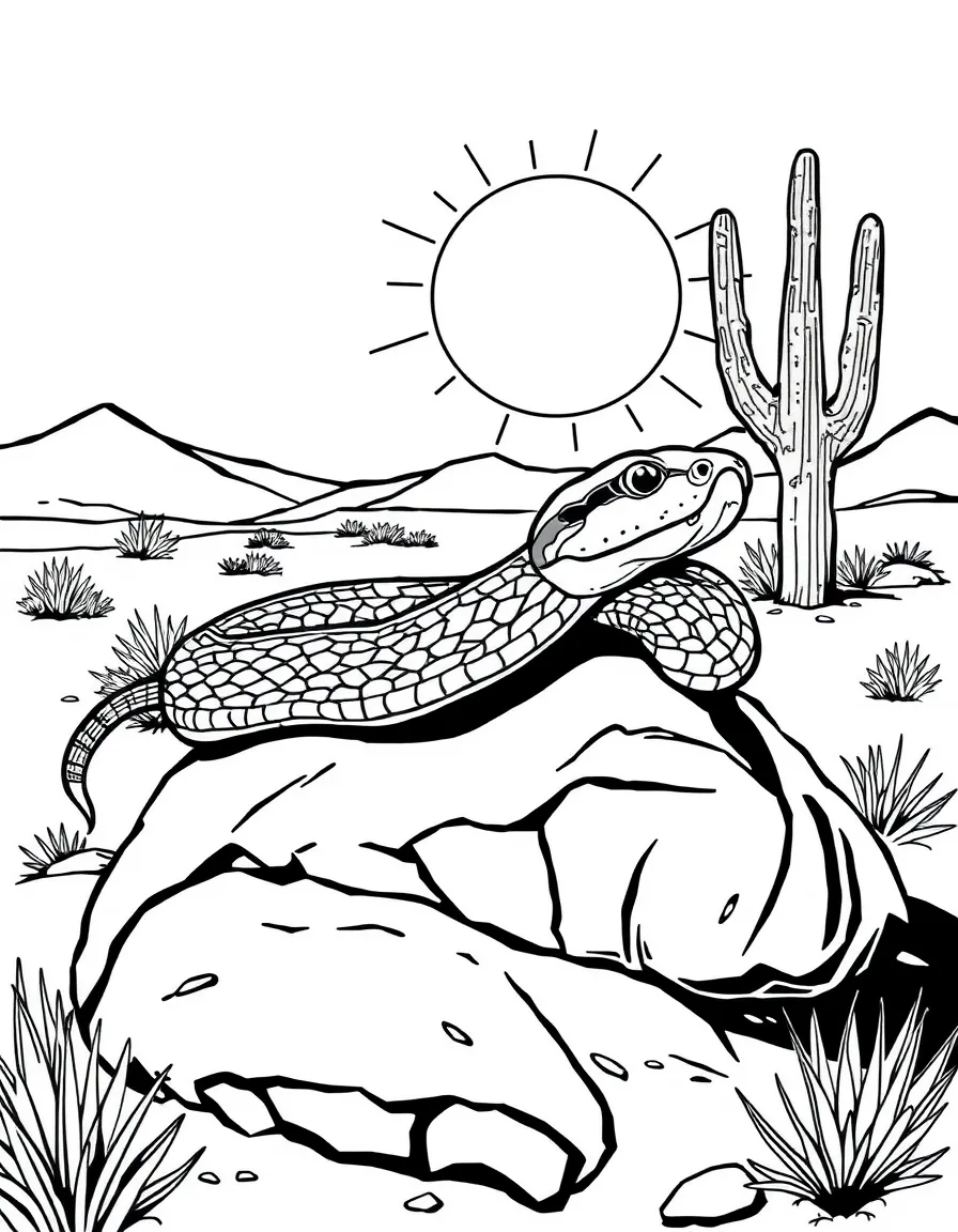 A friendly rattlesnake (far away and not scary!) sunbathing on a rock in the desert.