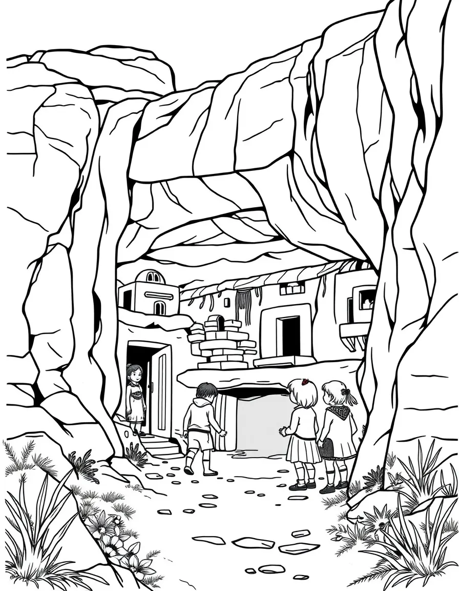 Kids exploring a Native American cliff dwelling in the USA.