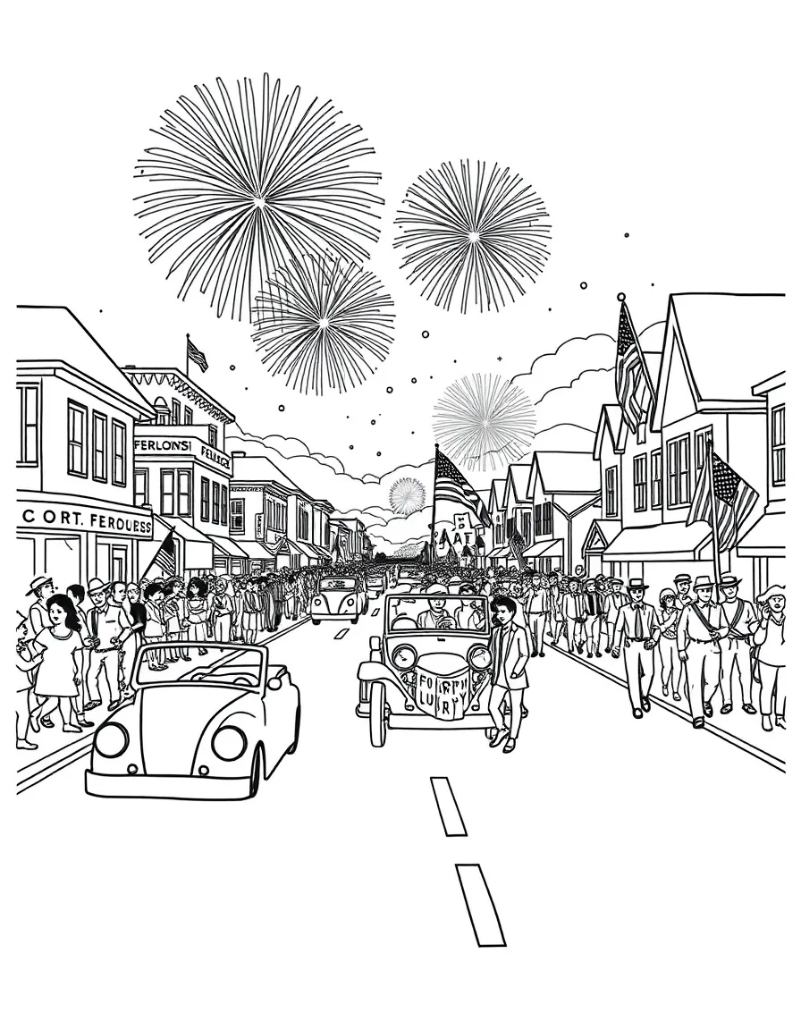 A festive Fourth of July parade in an American town with fireworks.
