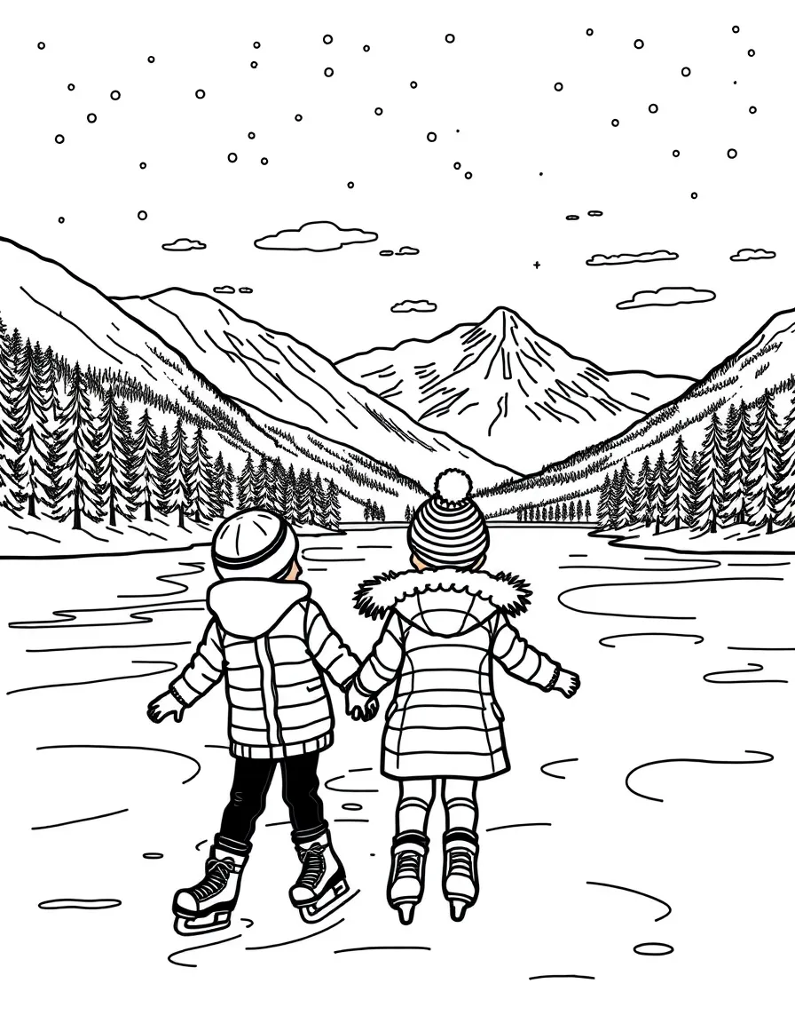 Kids ice skating on a frozen lake in Canada with beautiful scenery.