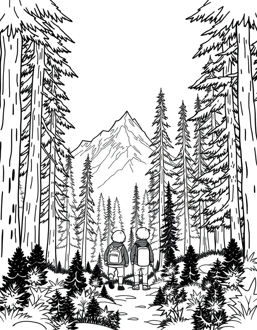 Kids exploring a vast Canadian forest with tall trees.