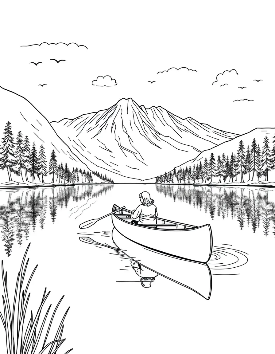 A peaceful canoe trip on a serene lake in the Canadian wilderness.