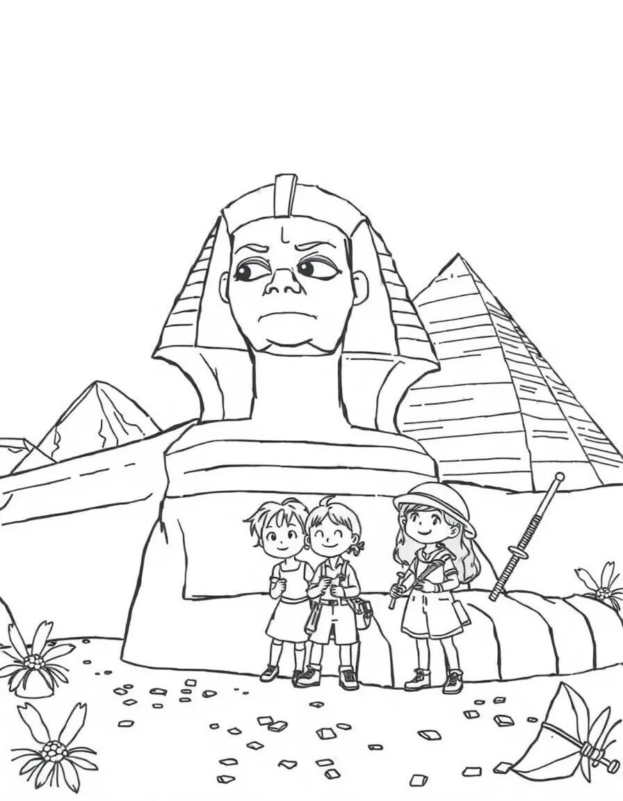 The Sphinx in Egypt with a group of cheerful archaeologists (kids!) discovering treasures.