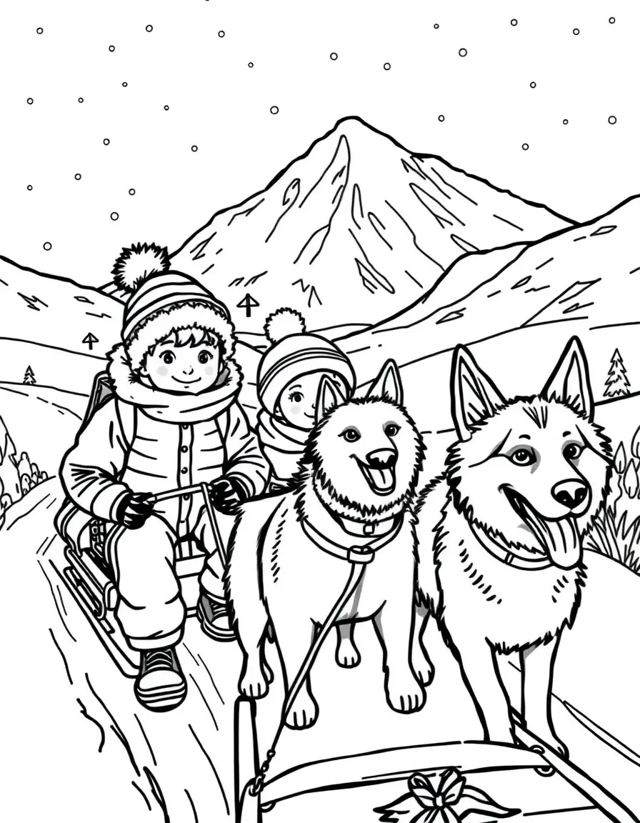 Kids on a dog sledding adventure in snowy Norway.