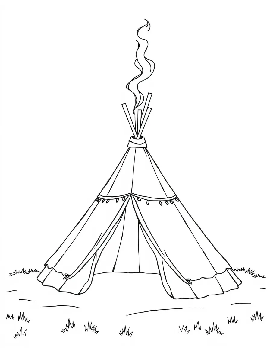 A traditional Sami tent (lavvu) with smoke rising from the top.