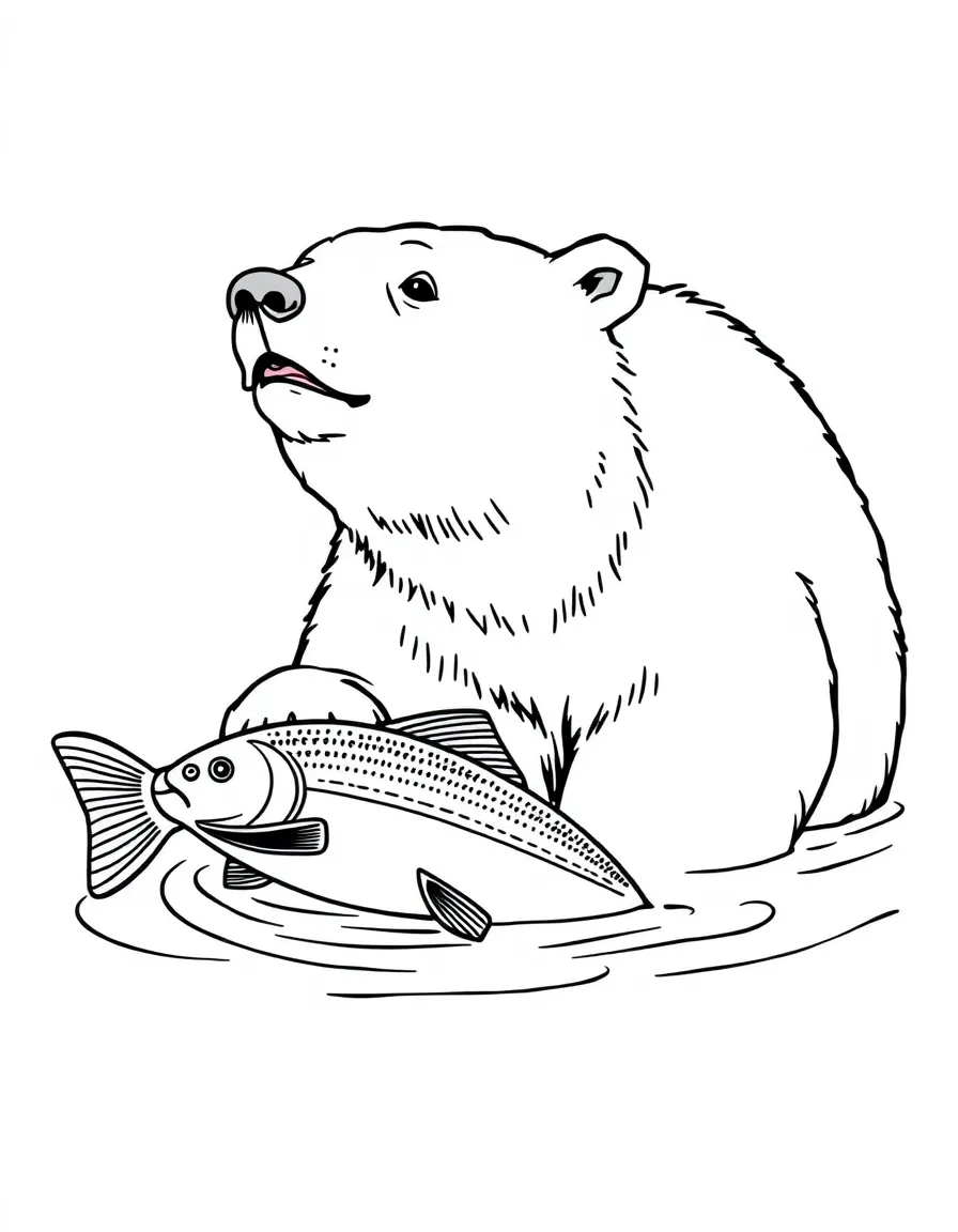 A friendly polar bear (not scary!) catching a fish in Norway.
