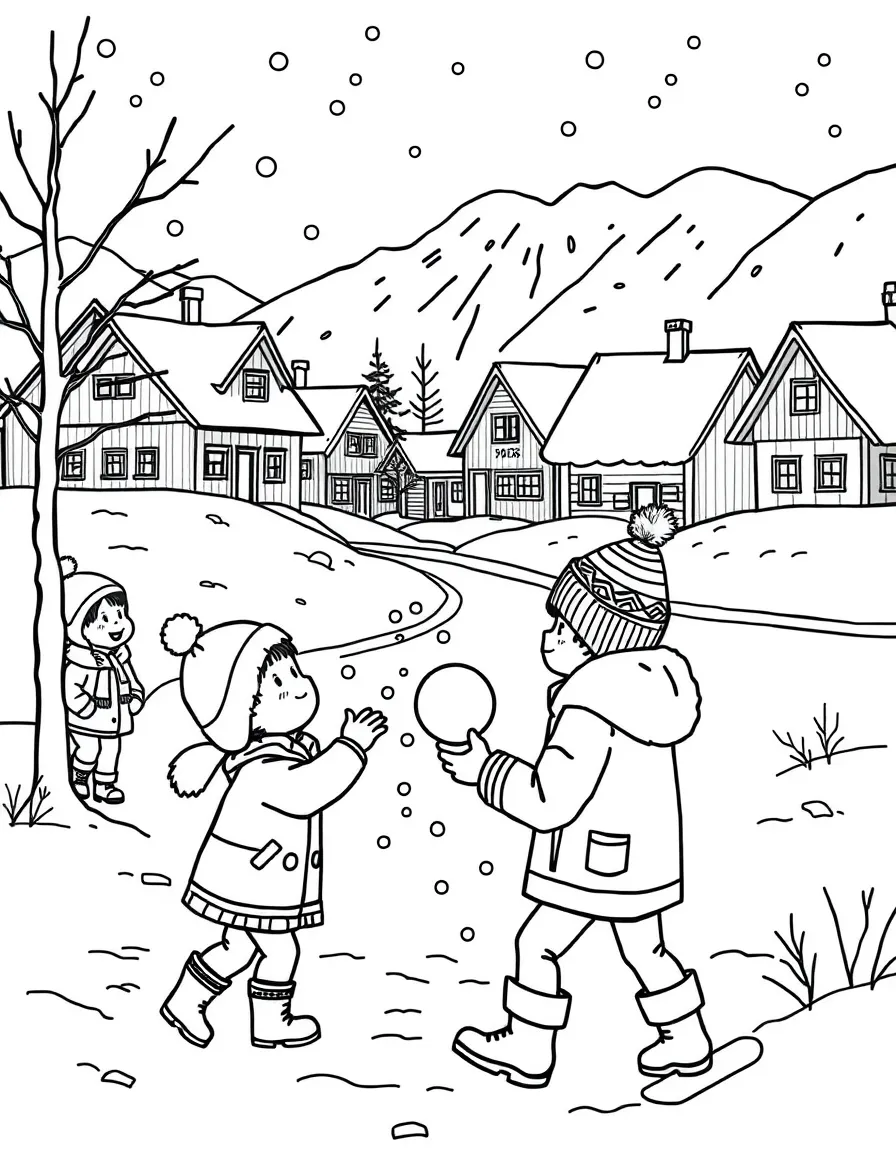 Kids having a snowball fight in a snowy Norwegian village.