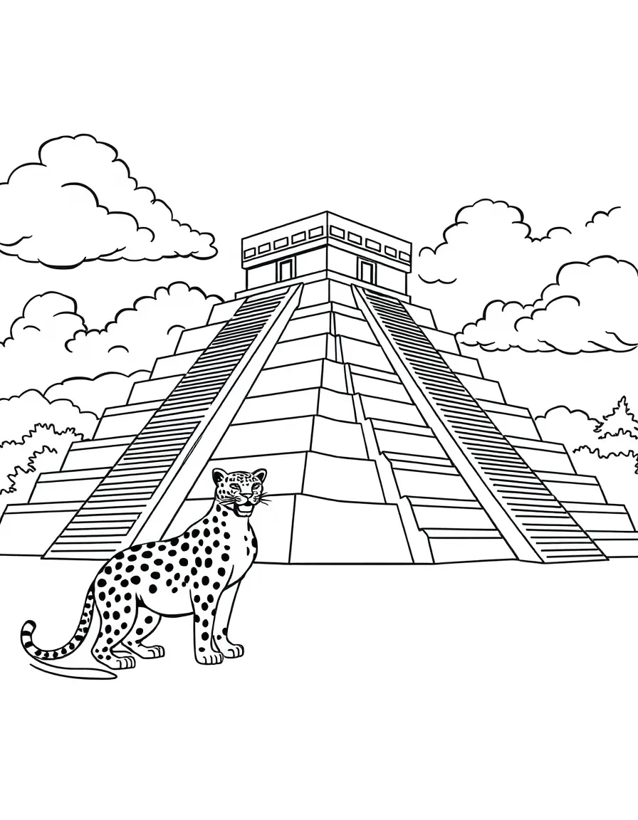 Chichen Itza pyramid in Mexico with playful jaguars (stylized, not scary!).