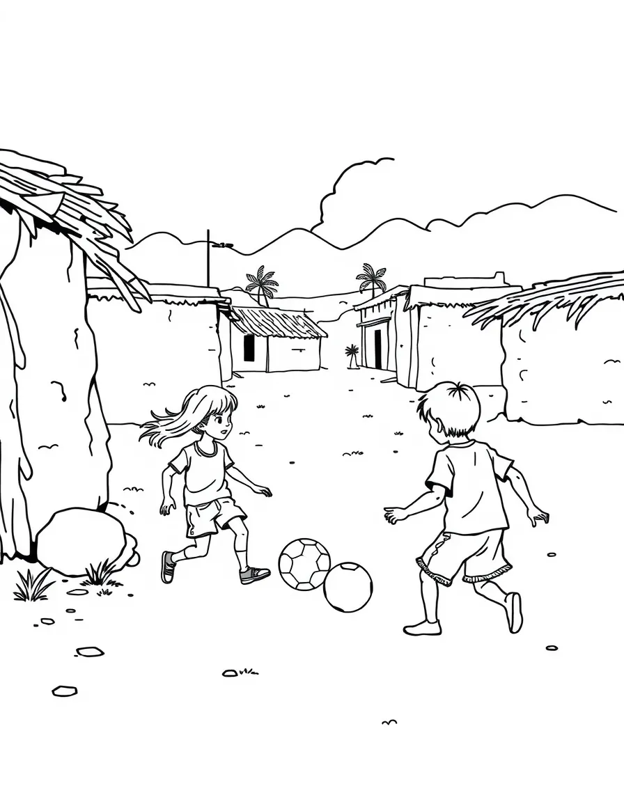 Kids playing soccer in a dusty Mexican village.