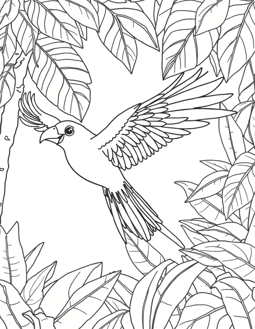 A friendly quetzal bird flying through a rainforest in Mexico.