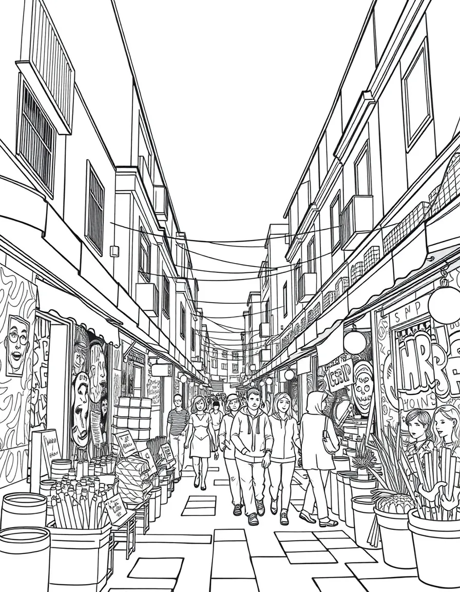 A vibrant street market in Mexico City with street art.