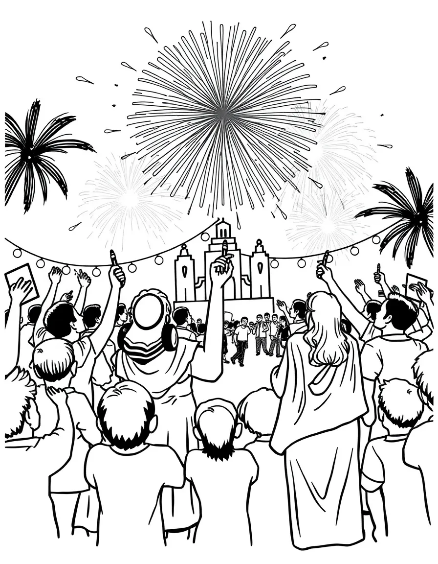 A festive Grito de Dolores (Independence Day) celebration in Mexico with fireworks.
