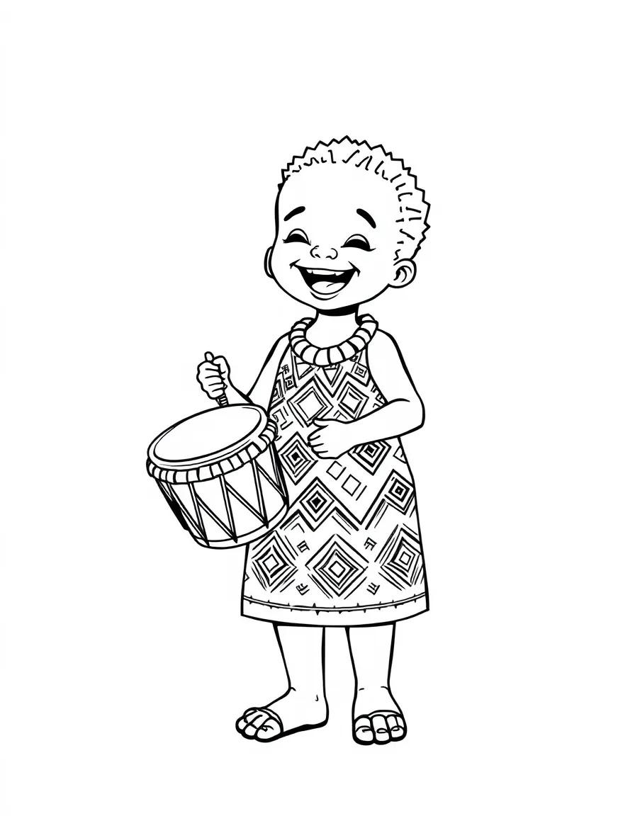A joyful African child, wearing a kente cloth with geometric patterns, holding a small drum.
