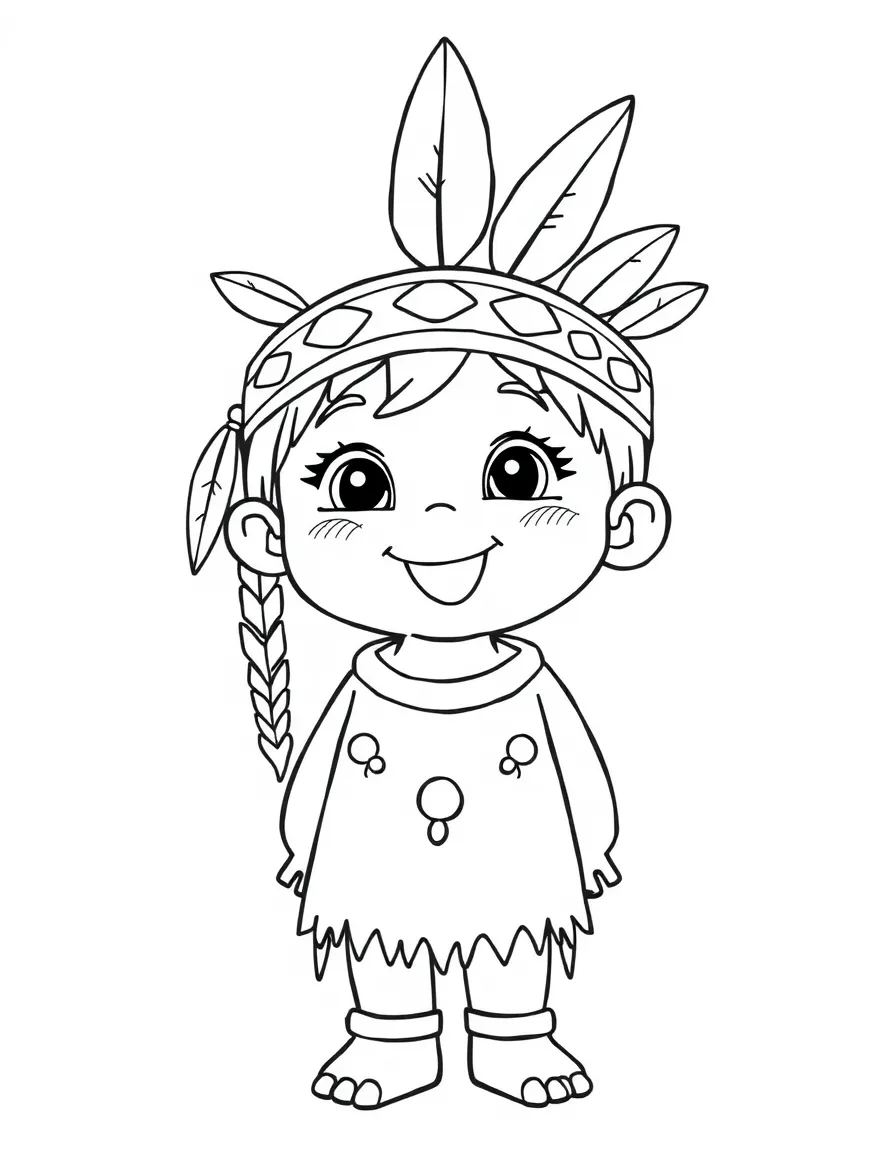 A happy Native American child with a feathered headband, wearing a simple buckskin tunic.