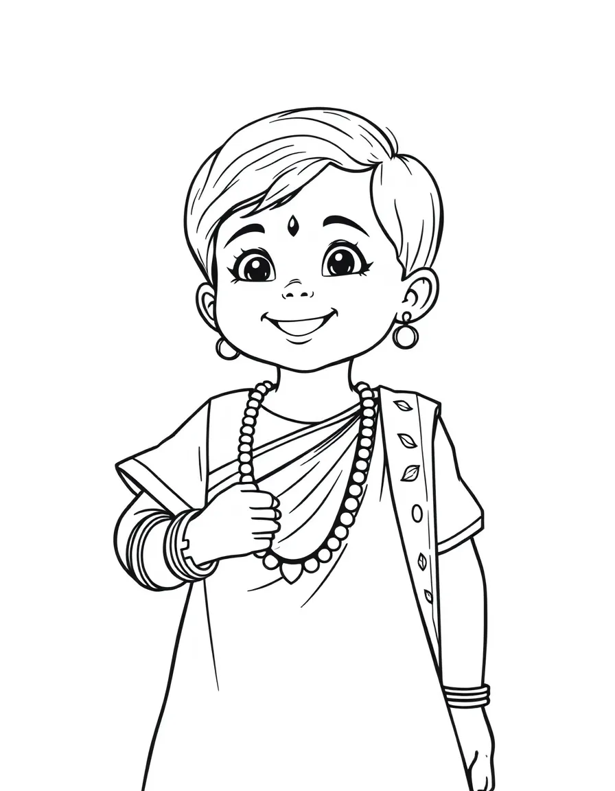 A smiling Indian child in a colorful salwar kameez, with bangles on their wrist.