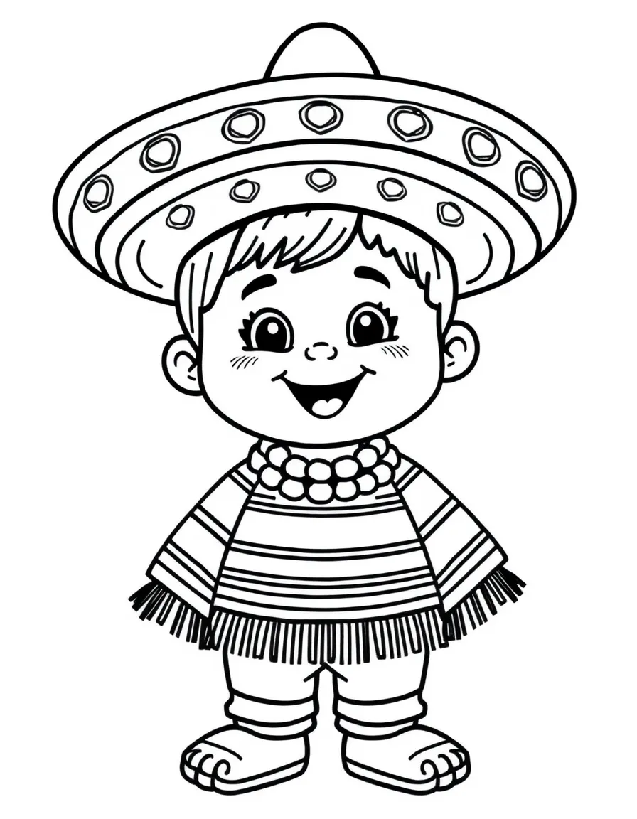 A cheerful Mexican child in a sarape with stripes, wearing a wide-brimmed sombrero.