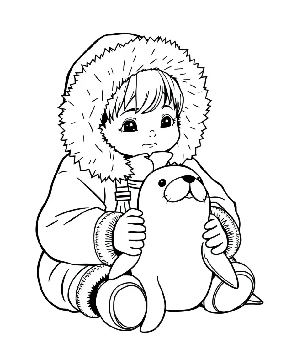 An Inuit child bundled in a warm parka with fur trim, playing with a toy seal.