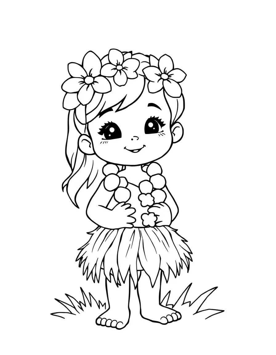 A Hawaiian child in a grass skirt and lei, with flowers in their hair.