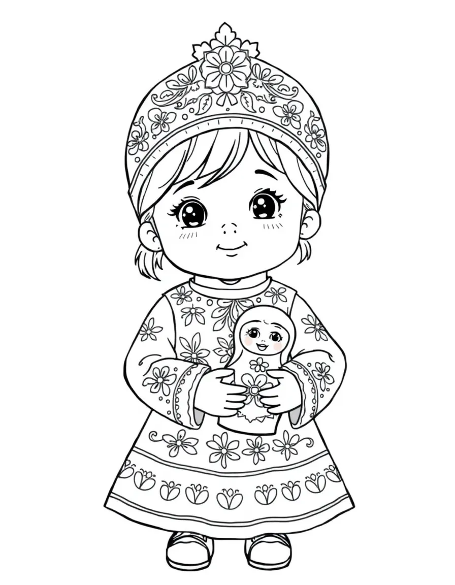 A Russian child in a brightly embroidered sarafan and kokoshnik, holding a matryoshka doll.