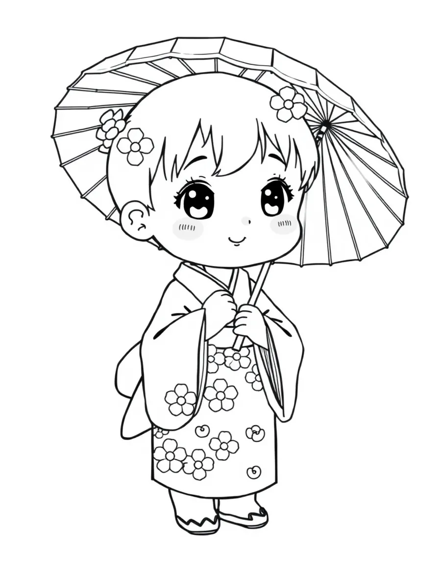 A Japanese child in a simple kimono with cherry blossom patterns, holding a small paper umbrella.