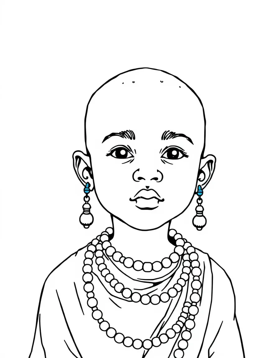 A Maasai child with simple red and blue beaded jewelry, wearing a shuka.