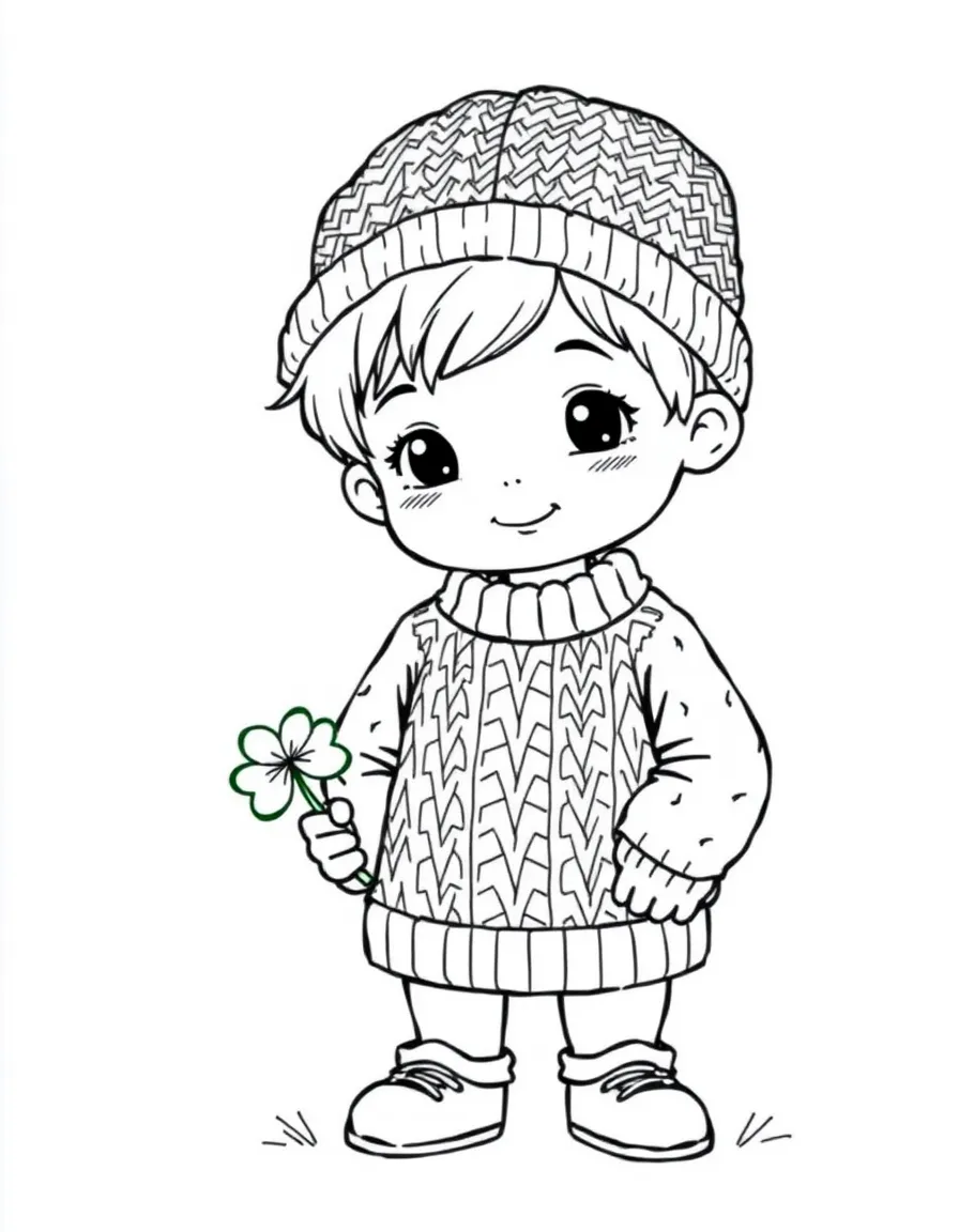An Irish child in a green tweed cap and simple Aran sweater, holding a shamrock.
