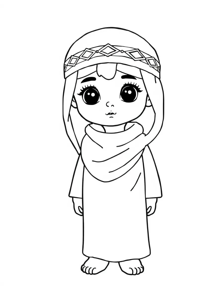 An Egyptian child in a simple white galabeya, with a patterned headscarf.